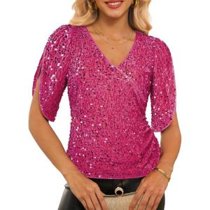 imageGRACE KARIN Womens 34 Length Sleeve Sequin Tops V Neck Velvet Ruched Blouses 2025 Glitter Trendy Party OutfitRose Red