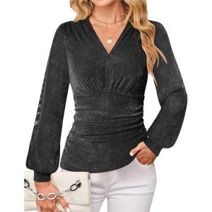 imageGRACE KARIN Womens Long Sleeve Sparkly Tops V Neck Elegant Glitter Shirts 2025 Fall Dressy Blouses for Party Wedding GuestBlack