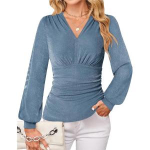 imageGRACE KARIN Womens Long Sleeve Sparkly Tops V Neck Elegant Glitter Shirts 2025 Fall Dressy Blouses for Party Wedding GuestGrey Blue