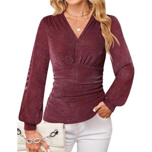 imageGRACE KARIN Womens Long Sleeve Sparkly Tops V Neck Elegant Glitter Shirts 2025 Fall Dressy Blouses for Party Wedding GuestWine Red