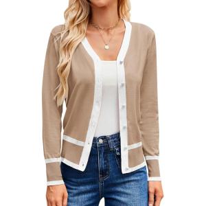 imageGRACE KARIN Womens Cardigan Sweaters Lightweight Long Sleeve Cropped Cardigan Fall Fashion Outfits Clothes Striped ShrugBeige White