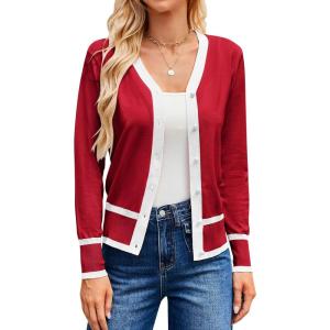 imageGRACE KARIN Womens Cardigan Sweaters Lightweight Long Sleeve Cropped Cardigan Fall Fashion Outfits Clothes Striped ShrugRed White