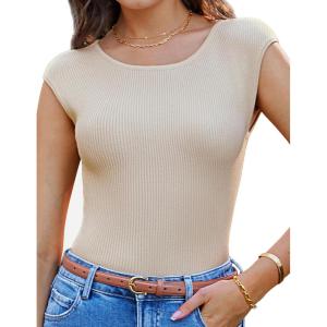 imageGRACE KARIN Women Short Cap Sleeve Sweater Tops Boat Neck Lightweight Slim Fit Pullover Sweater Dressy Casual Tank TopsBeige