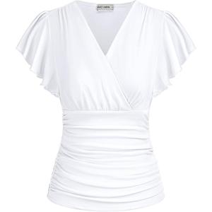 imageGRACE KARIN Womens Tops Summer Wrap Blouse V Neck Ruffle Sleeve Dressy Casual Top Ruched Trendy Clothes White S