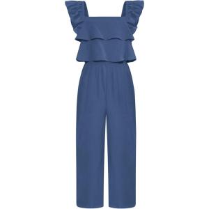 imageGRACE KARIN Girls Solid Jumpsuit Cropped Kids Flutter Sleeve Square Neck Wide Leg RompersDark Blue