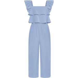 imageGRACE KARIN Girls Solid Jumpsuit Cropped Kids Flutter Sleeve Square Neck Wide Leg RompersLight Blue