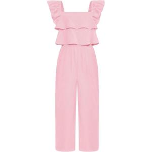 imageGRACE KARIN Girls Solid Jumpsuit Cropped Kids Flutter Sleeve Square Neck Wide Leg RompersLight Pink