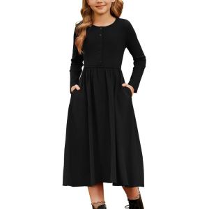 imageGRACE KARIN Girls Fall Long Sleeve Dresses Girl Casual Maxi Dress with Pockets Kids Formal Party Dress Size 614Black