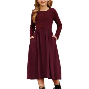 imageGRACE KARIN Girls Fall Long Sleeve Dresses Girl Casual Maxi Dress with Pockets Kids Formal Party Dress Size 614Burgundy