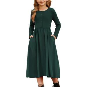 imageGRACE KARIN Girls Fall Long Sleeve Dresses Girl Casual Maxi Dress with Pockets Kids Formal Party Dress Size 614Emerald Green