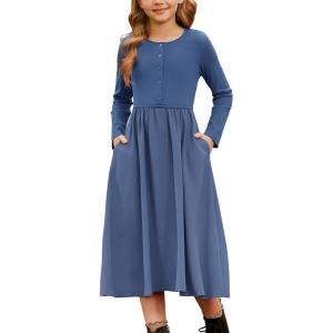 imageGRACE KARIN Girls Fall Long Sleeve Dresses Girl Casual Maxi Dress with Pockets Kids Formal Party Dress Size 614Navy Blue