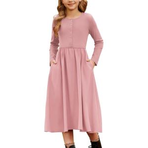 imageGRACE KARIN Girls Fall Long Sleeve Dresses Girl Casual Maxi Dress with Pockets Kids Formal Party Dress Size 614Pink