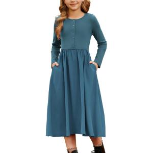 imageGRACE KARIN Girls Fall Long Sleeve Dresses Girl Casual Maxi Dress with Pockets Kids Formal Party Dress Size 614Teal