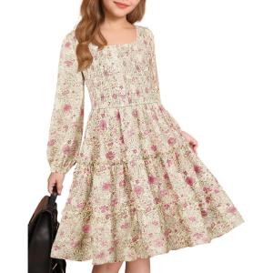 imageGRACE KARIN Girls Fall Long Sleeve Floral Square Neck Smock Tiered Casual Holiday Teen Dress Size 514Apricot Pink Floral