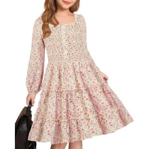 imageGRACE KARIN Girls Fall Long Sleeve Floral Square Neck Smock Tiered Casual Holiday Teen Dress Size 514Beige Orange Floral