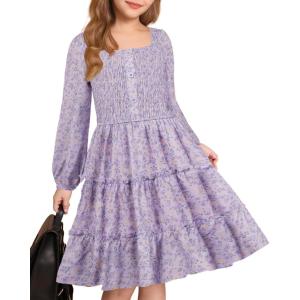 imageGRACE KARIN Girls Fall Long Sleeve Floral Square Neck Smock Tiered Casual Holiday Teen Dress Size 514Purple Yellow Floral