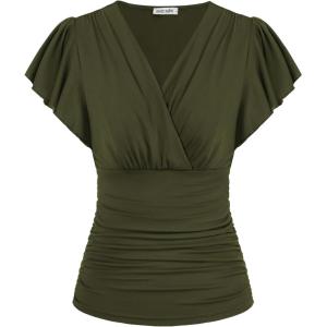 imageGRACE KARIN Womens Tops Summer Wrap Blouse V Neck Ruffle Sleeve Dressy Casual Top Ruched Trendy ClothesArmy Green