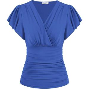 imageGRACE KARIN Womens Tops Summer Wrap Blouse V Neck Ruffle Sleeve Dressy Casual Top Ruched Trendy ClothesBlue