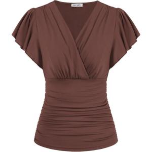 imageGRACE KARIN Womens Tops Summer Wrap Blouse V Neck Ruffle Sleeve Dressy Casual Top Ruched Trendy ClothesBrown