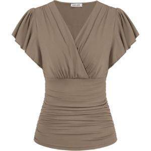 imageGRACE KARIN Womens Tops Summer Wrap Blouse V Neck Ruffle Sleeve Dressy Casual Top Ruched Trendy ClothesCoffee