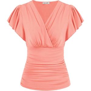 imageGRACE KARIN Womens Tops Summer Wrap Blouse V Neck Ruffle Sleeve Dressy Casual Top Ruched Trendy ClothesCoral