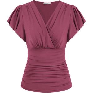 imageGRACE KARIN Womens Tops Summer Wrap Blouse V Neck Ruffle Sleeve Dressy Casual Top Ruched Trendy ClothesFuchsia