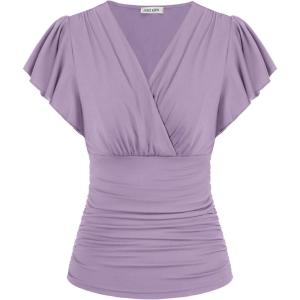 imageGRACE KARIN Womens Tops Summer Wrap Blouse V Neck Ruffle Sleeve Dressy Casual Top Ruched Trendy ClothesLavender