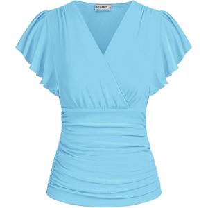 imageGRACE KARIN Womens Tops Summer Wrap Blouse V Neck Ruffle Sleeve Dressy Casual Top Ruched Trendy ClothesLight Blue