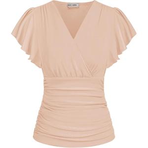 imageGRACE KARIN Womens Tops Summer Wrap Blouse V Neck Ruffle Sleeve Dressy Casual Top Ruched Trendy ClothesLight Pink