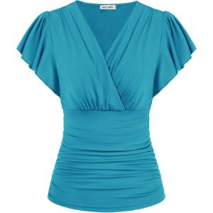 imageGRACE KARIN Womens Tops Summer Wrap Blouse V Neck Ruffle Sleeve Dressy Casual Top Ruched Trendy ClothesPeacock Blue