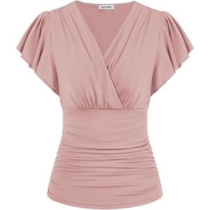 imageGRACE KARIN Womens Tops Summer Wrap Blouse V Neck Ruffle Sleeve Dressy Casual Top Ruched Trendy ClothesPink