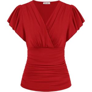 imageGRACE KARIN Womens Tops Summer Wrap Blouse V Neck Ruffle Sleeve Dressy Casual Top Ruched Trendy ClothesRed