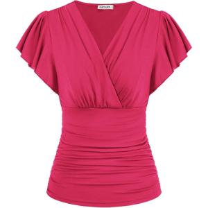 imageGRACE KARIN Womens Tops Summer Wrap Blouse V Neck Ruffle Sleeve Dressy Casual Top Ruched Trendy ClothesRose Red