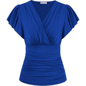 imageGRACE KARIN Womens Tops Summer Wrap Blouse V Neck Ruffle Sleeve Dressy Casual Top Ruched Trendy ClothesRoyal Blue