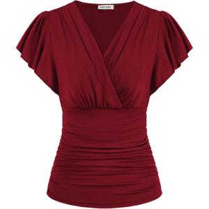 imageGRACE KARIN Womens Tops Summer Wrap Blouse V Neck Ruffle Sleeve Dressy Casual Top Ruched Trendy ClothesWine Red