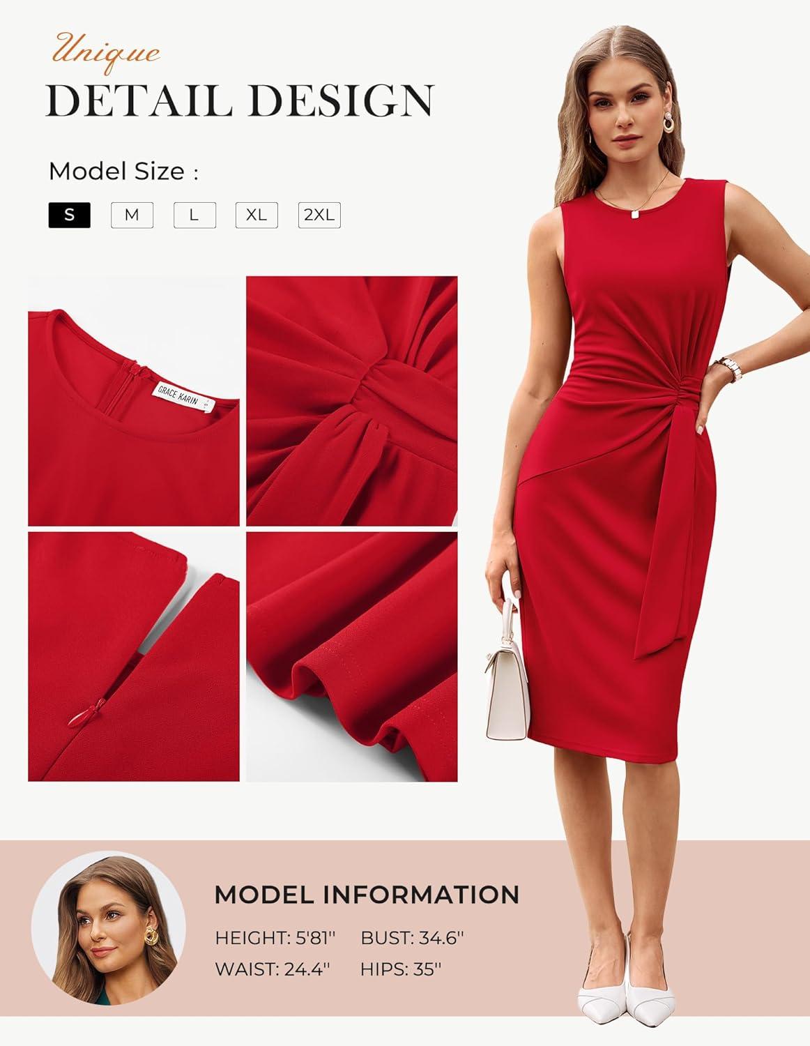 imageGRACE KARIN Work DressBodycon Cocktail Dress for WomenSleeveless Office Business Dresses Knee LengthBright Red