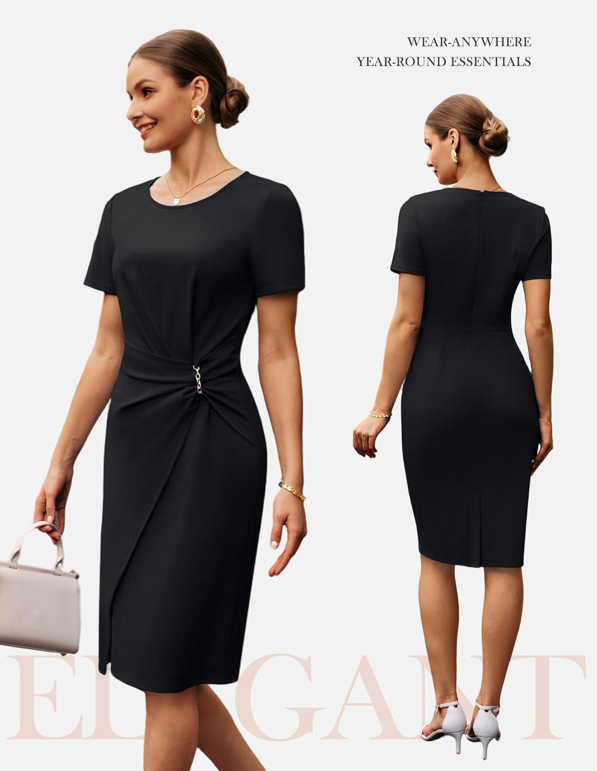 imageGRACE KARIN Work Dresses for Women 2026 Short Sleeve Business Midi Dress Ruched Bodycon Sheath Formal Office OutfitsBlack