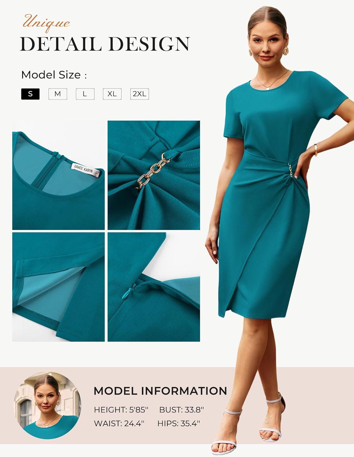 imageGRACE KARIN Work Dresses for Women 2026 Short Sleeve Business Midi Dress Ruched Bodycon Sheath Formal Office OutfitsPeacock Blue