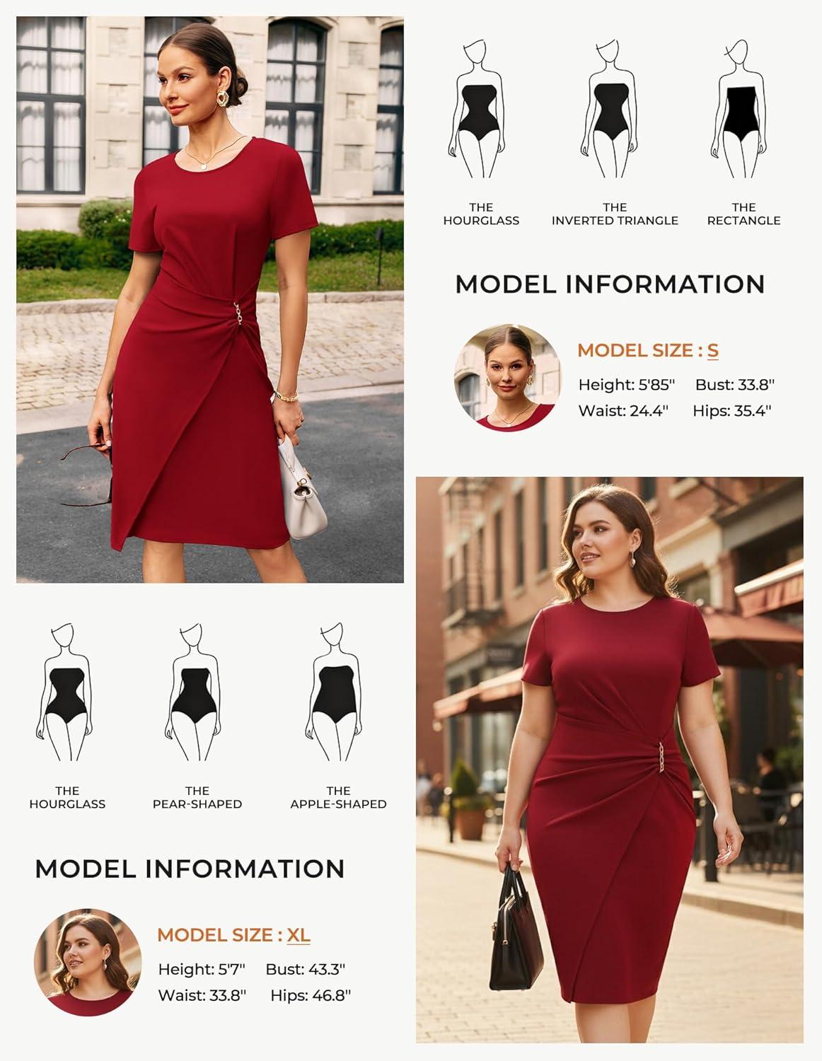 imageGRACE KARIN Work Dresses for Women 2026 Short Sleeve Business Midi Dress Ruched Bodycon Sheath Formal Office OutfitsRed
