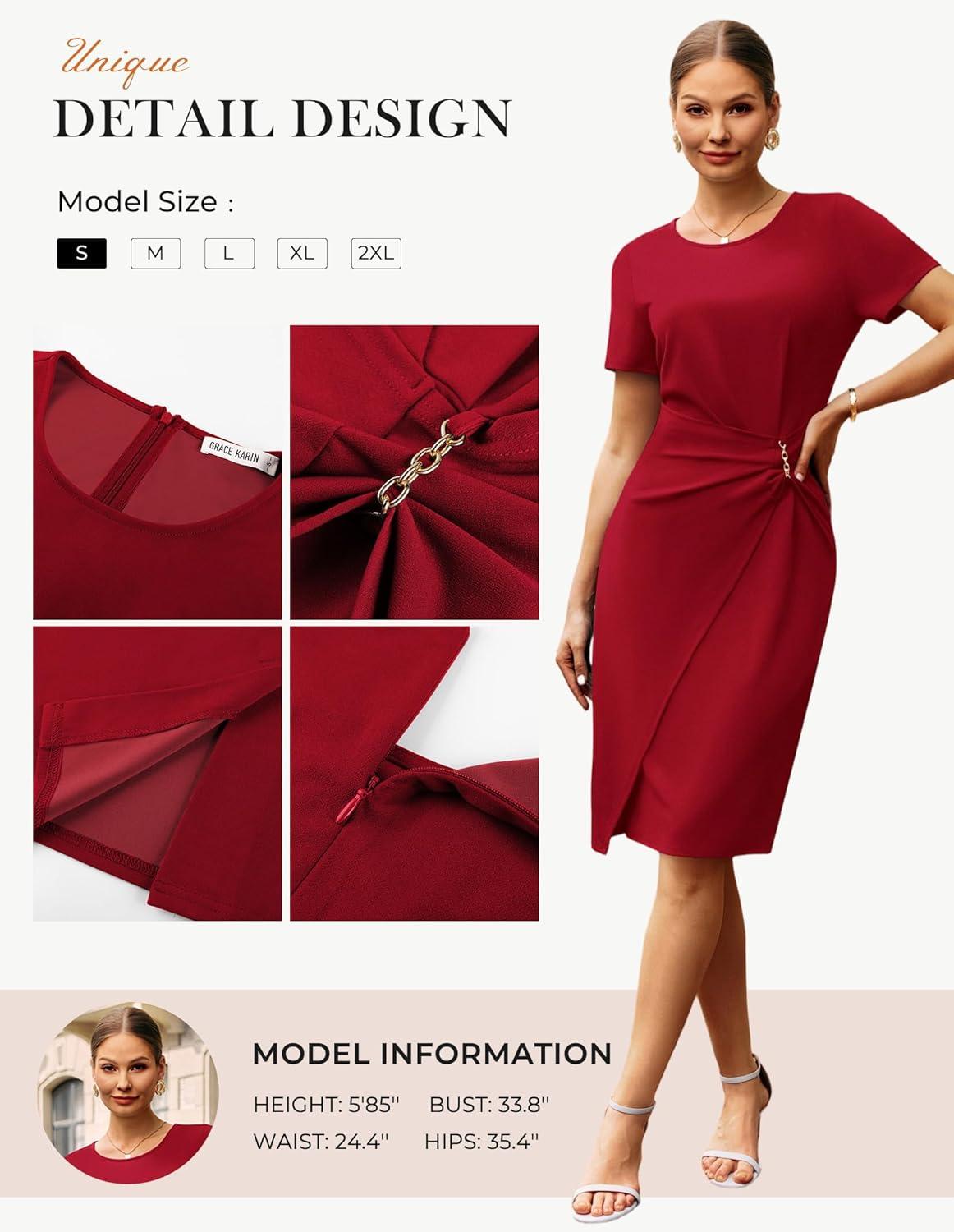 imageGRACE KARIN Work Dresses for Women 2026 Short Sleeve Business Midi Dress Ruched Bodycon Sheath Formal Office OutfitsRed