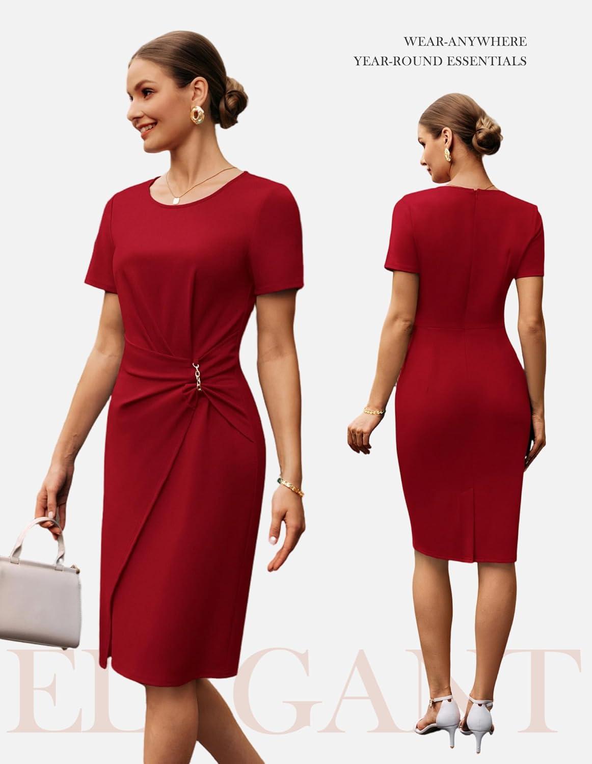 imageGRACE KARIN Work Dresses for Women 2026 Short Sleeve Business Midi Dress Ruched Bodycon Sheath Formal Office OutfitsRed