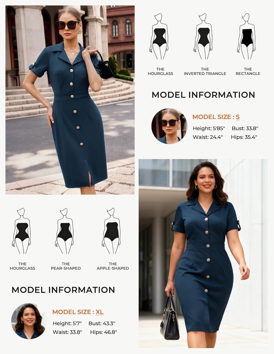 imageGRACE KARIN Work Dresses for Women 2026 Short Sleeve Button Bodycon Dress Pencil Office Midi Dress with PocketsNavy Blue