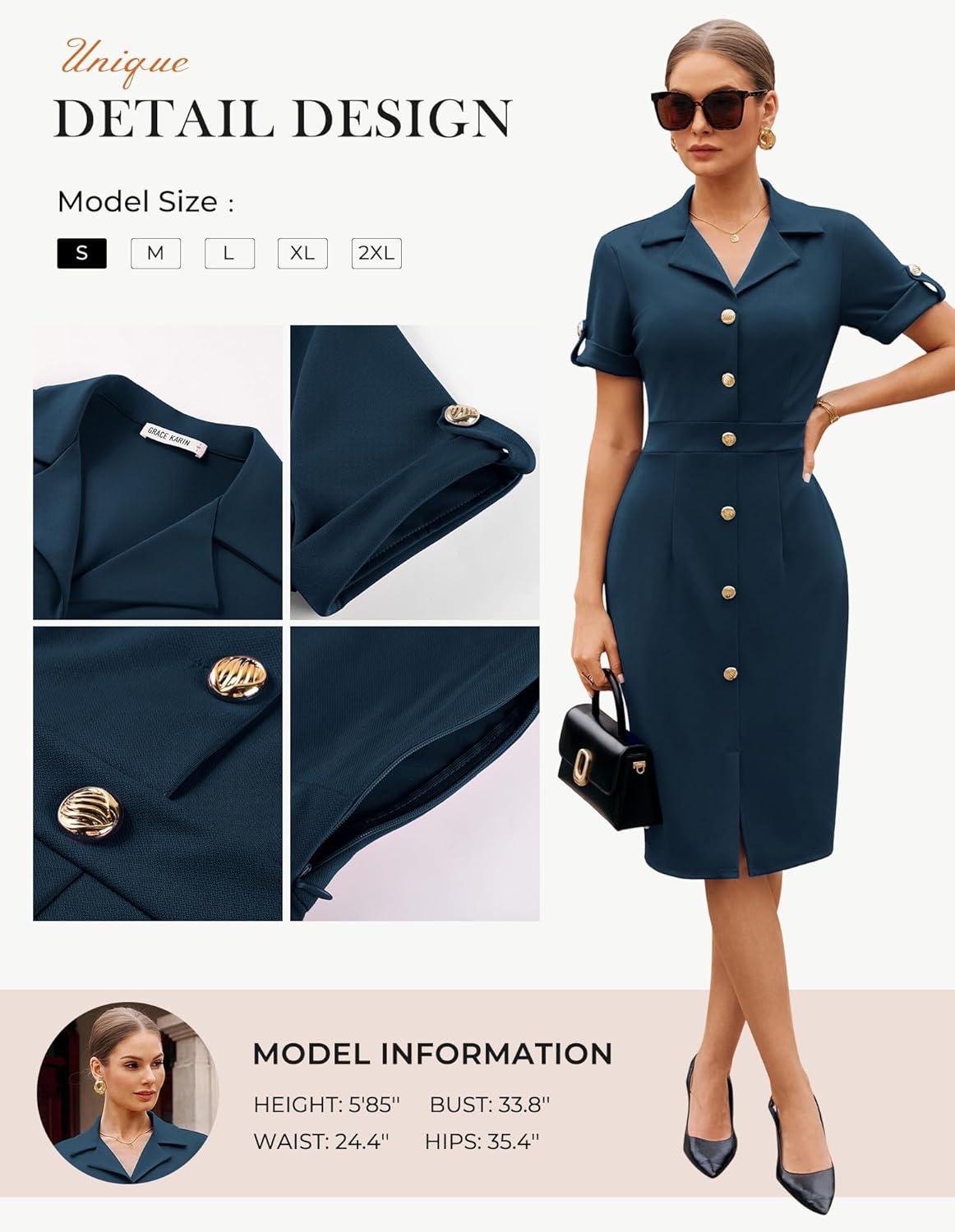 imageGRACE KARIN Work Dresses for Women 2026 Short Sleeve Button Bodycon Dress Pencil Office Midi Dress with PocketsNavy Blue