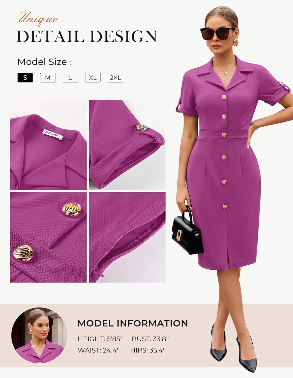 imageGRACE KARIN Work Dresses for Women 2026 Short Sleeve Button Bodycon Dress Pencil Office Midi Dress with PocketsRose Violet
