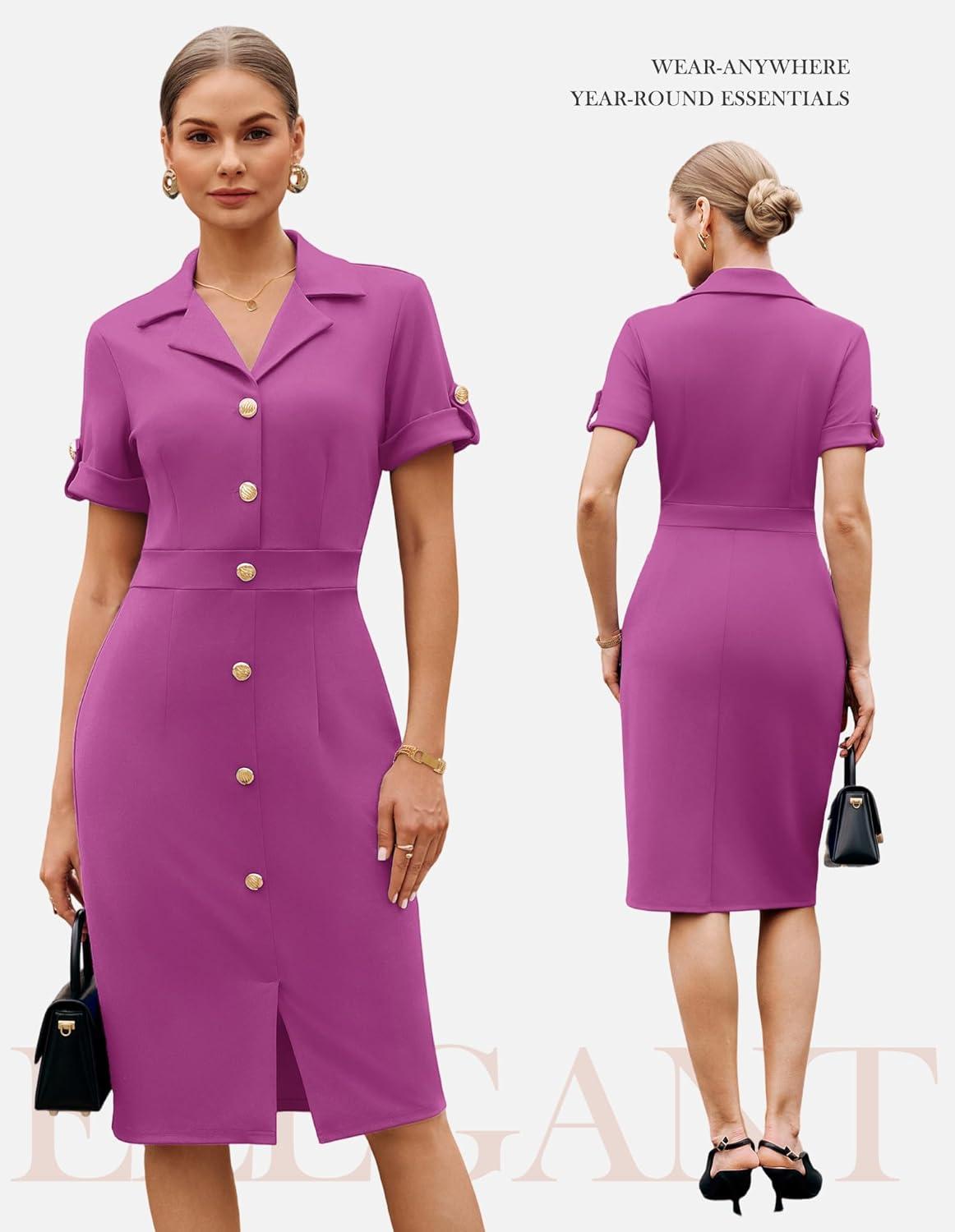 imageGRACE KARIN Work Dresses for Women 2026 Short Sleeve Button Bodycon Dress Pencil Office Midi Dress with PocketsRose Violet