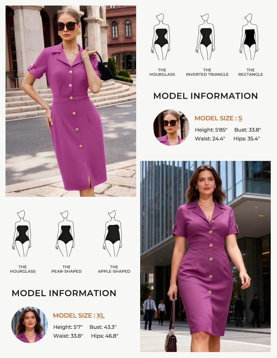 imageGRACE KARIN Work Dresses for Women 2026 Short Sleeve Button Bodycon Dress Pencil Office Midi Dress with PocketsRose Violet
