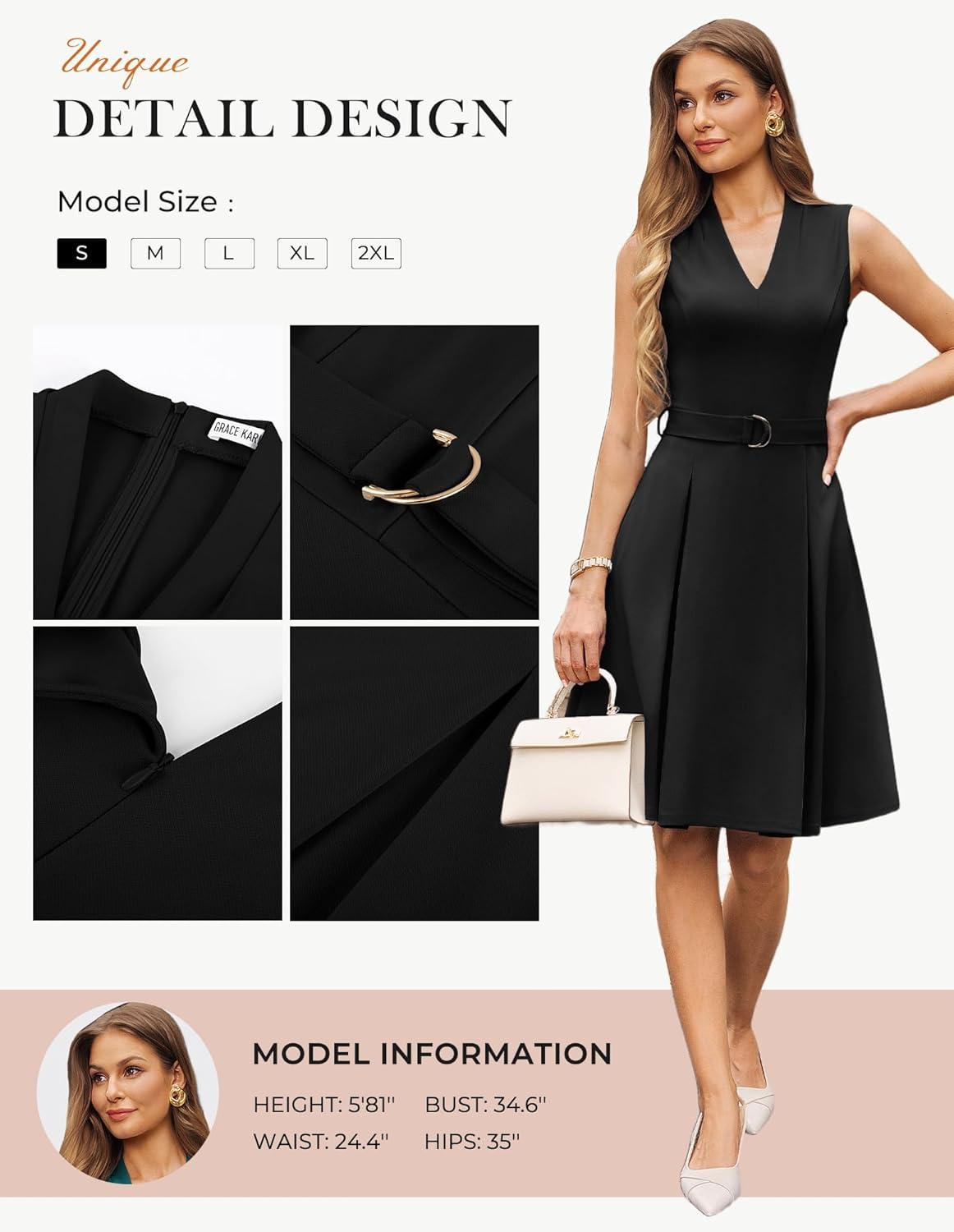 imageGRACE KARIN Work Dresses for Women 2026 V Neck Fit and Flare Midi Dresses Office Business Dress with Belt and PocketsBlack