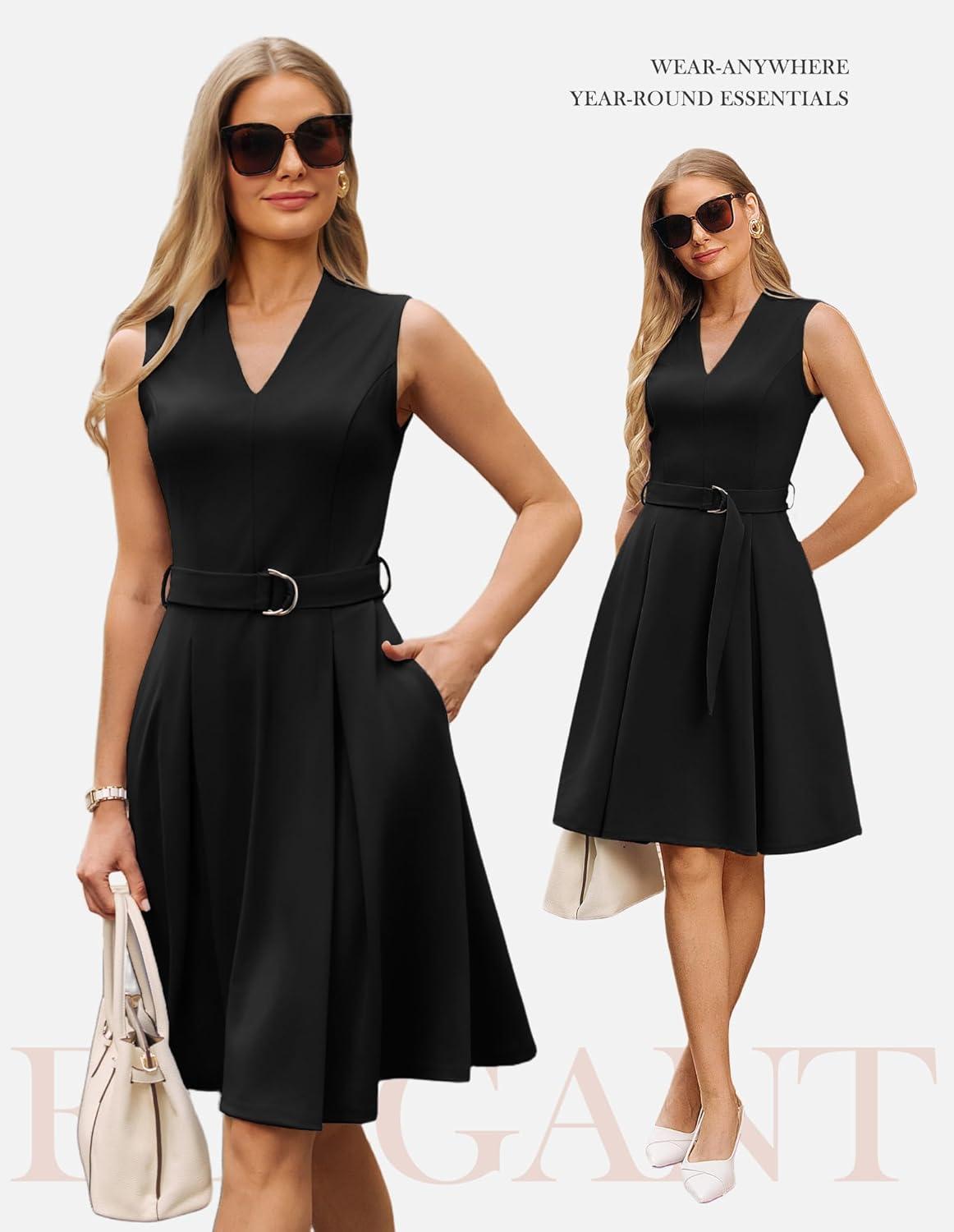 imageGRACE KARIN Work Dresses for Women 2026 V Neck Fit and Flare Midi Dresses Office Business Dress with Belt and PocketsBlack