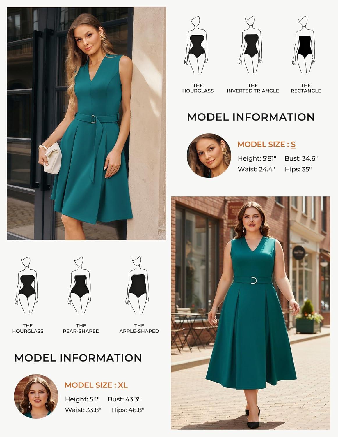 imageGRACE KARIN Work Dresses for Women 2026 V Neck Fit and Flare Midi Dresses Office Business Dress with Belt and PocketsBlue Green