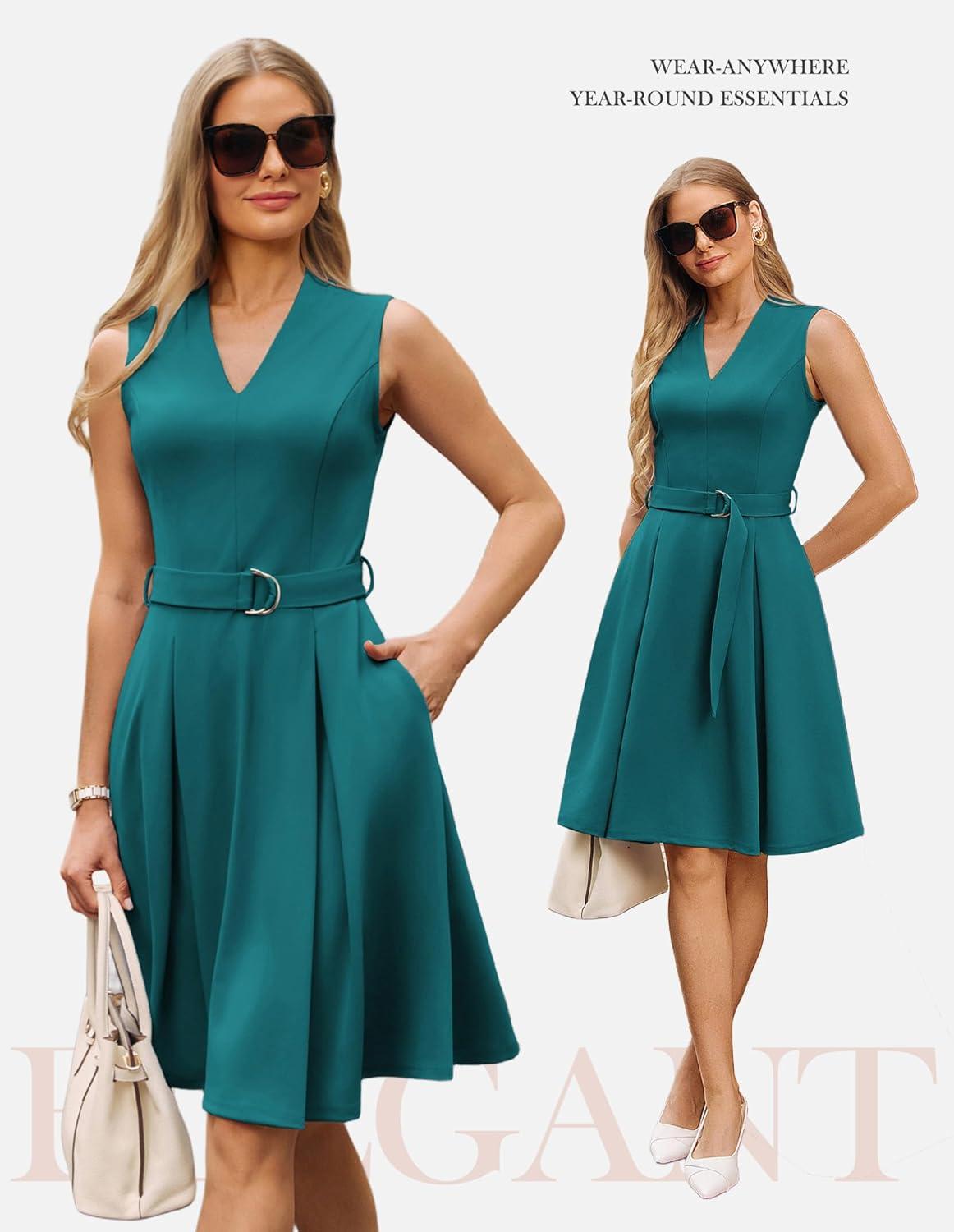 imageGRACE KARIN Work Dresses for Women 2026 V Neck Fit and Flare Midi Dresses Office Business Dress with Belt and PocketsBlue Green
